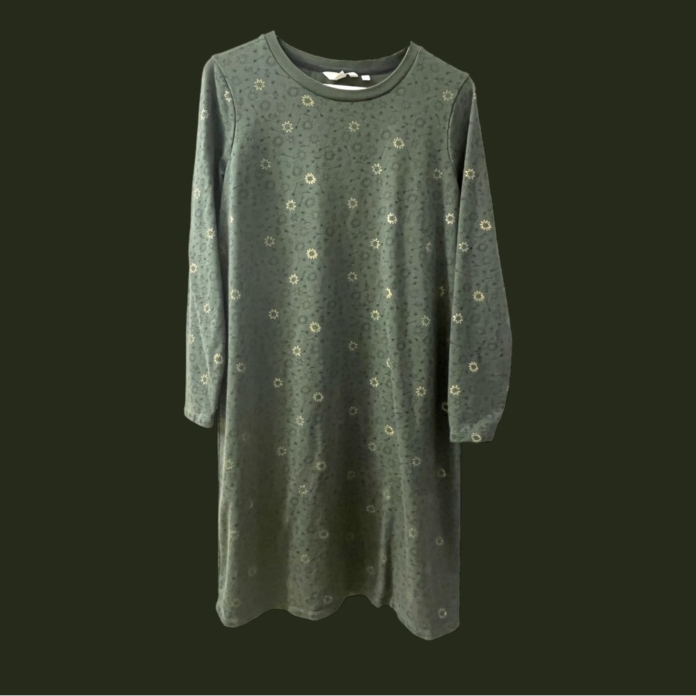 Boden Hannah Sweatshirt Dress / 10L / Green & Gold / Sun, Stars & Arrow Print